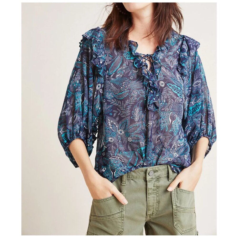 ANTHROPOLOGIE Haida 3/4 Sleeve Sheer Navy/Teal Floral Peasant Blouse Women L